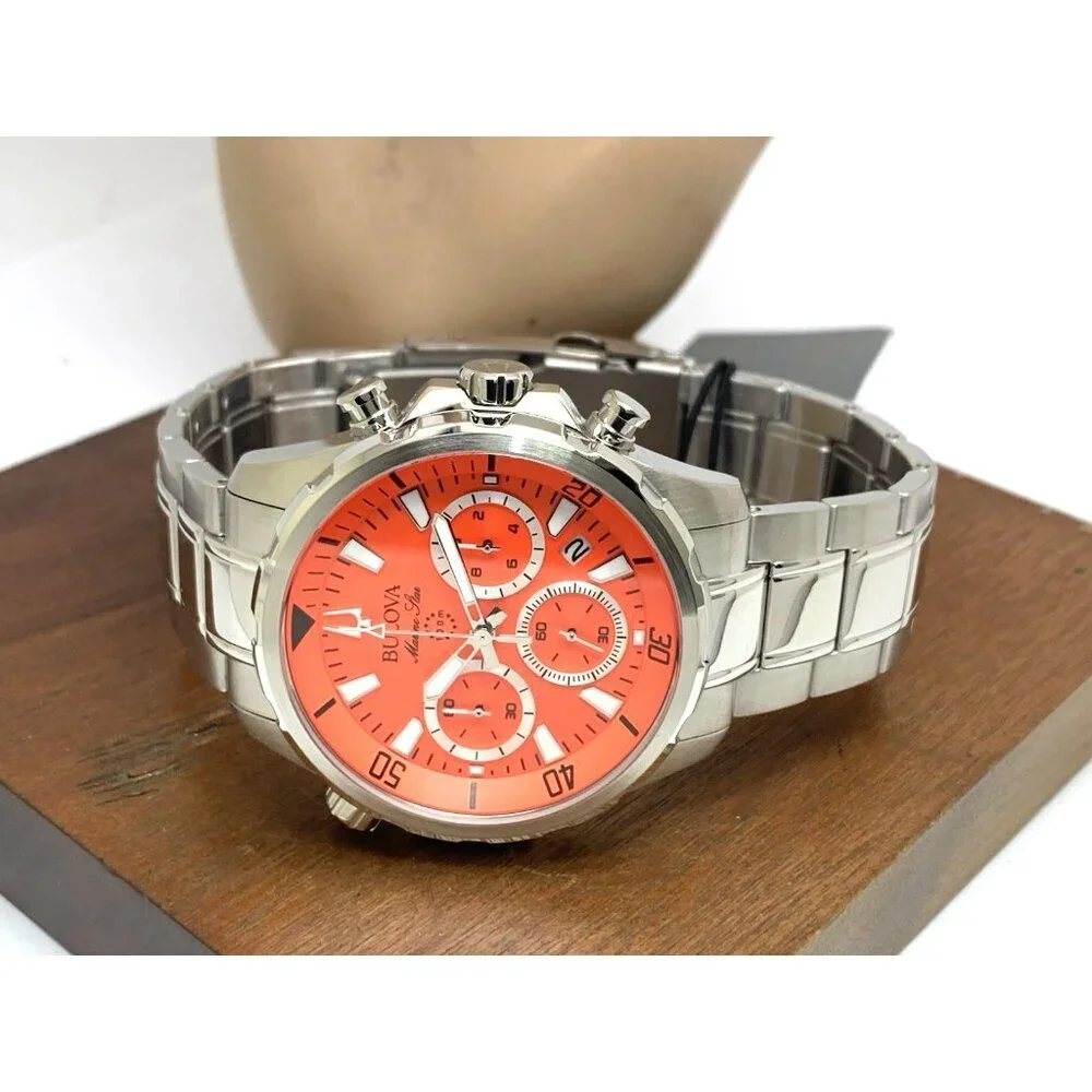 Bulova Men's Watch 96B395 Marine Star Orange Dial Chronograph Silver Steel 43mm
